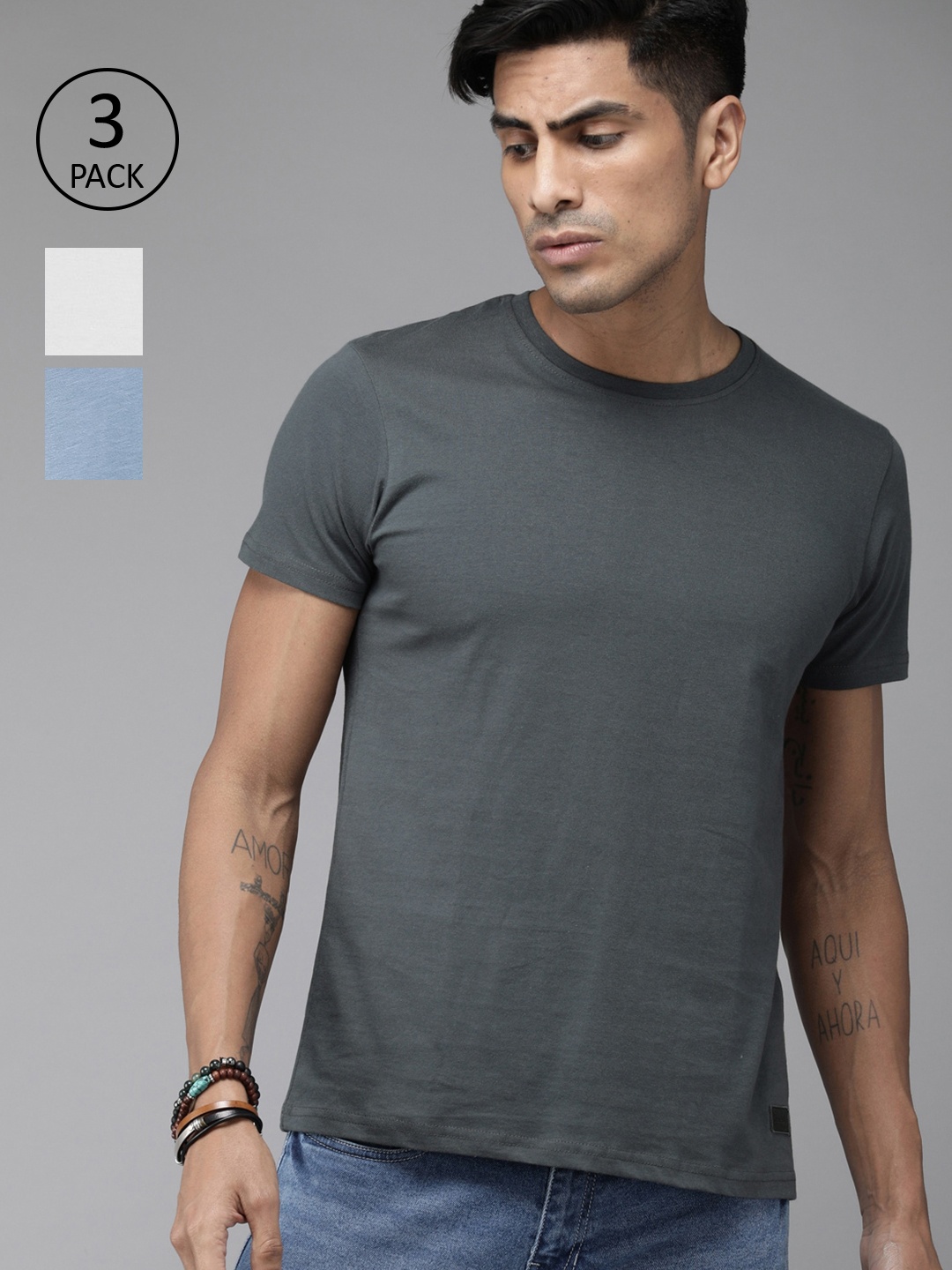 

Roadster Men Pack of 3 Solid Round Neck T-shirt, Blue