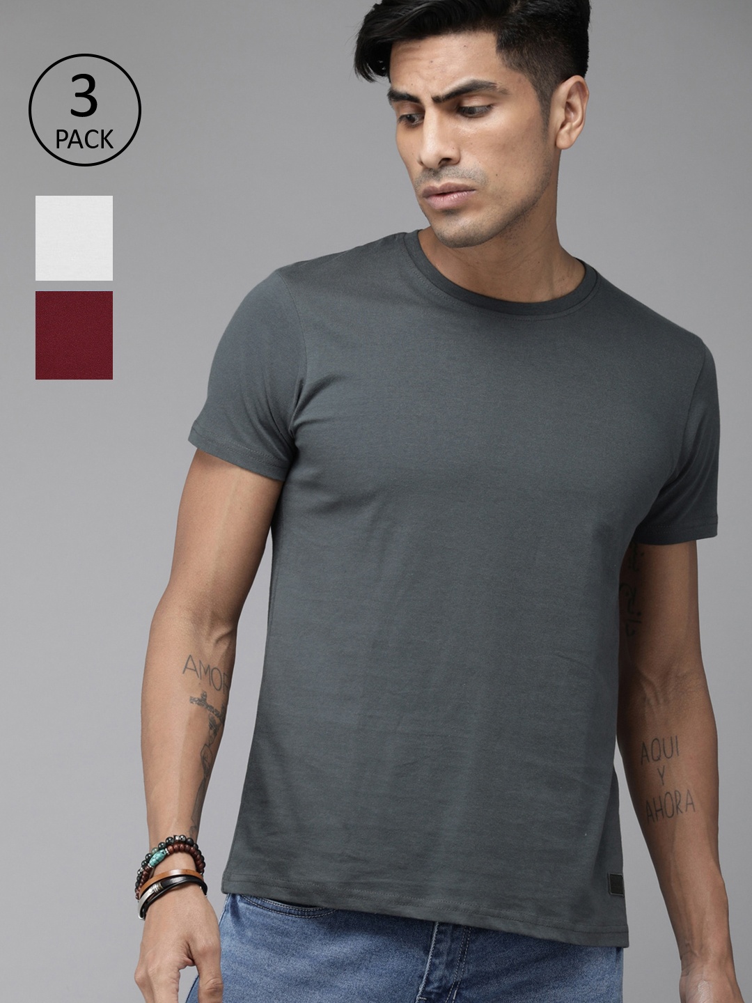 Roadster Men Pack of 3 Solid Round Neck Pure Cotton T-shirt, Maroon