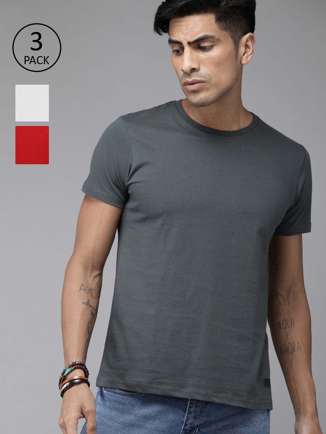 

Roadster Men Pack of 3 Solid Round Neck Pure Cotton T-shirt, Red
