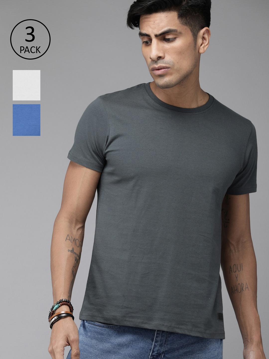 

Roadster Men Pack of 3 Solid Round Neck Pure Cotton T-shirts, Charcoal