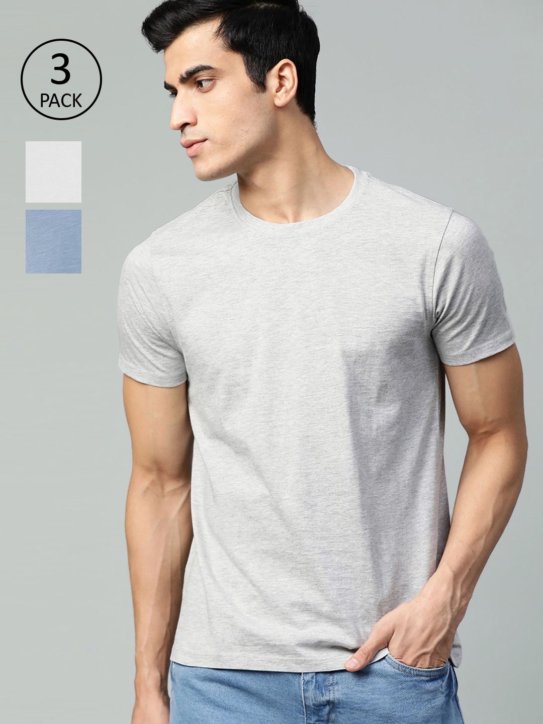 Roadster Men Pack of 3 Solid Round Neck Pure Cotton T-shirts, Blue