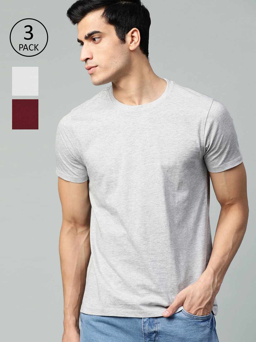 

Roadster Men Pack of 3 Solid Round Neck Pure Cotton T-shirts, Grey melange