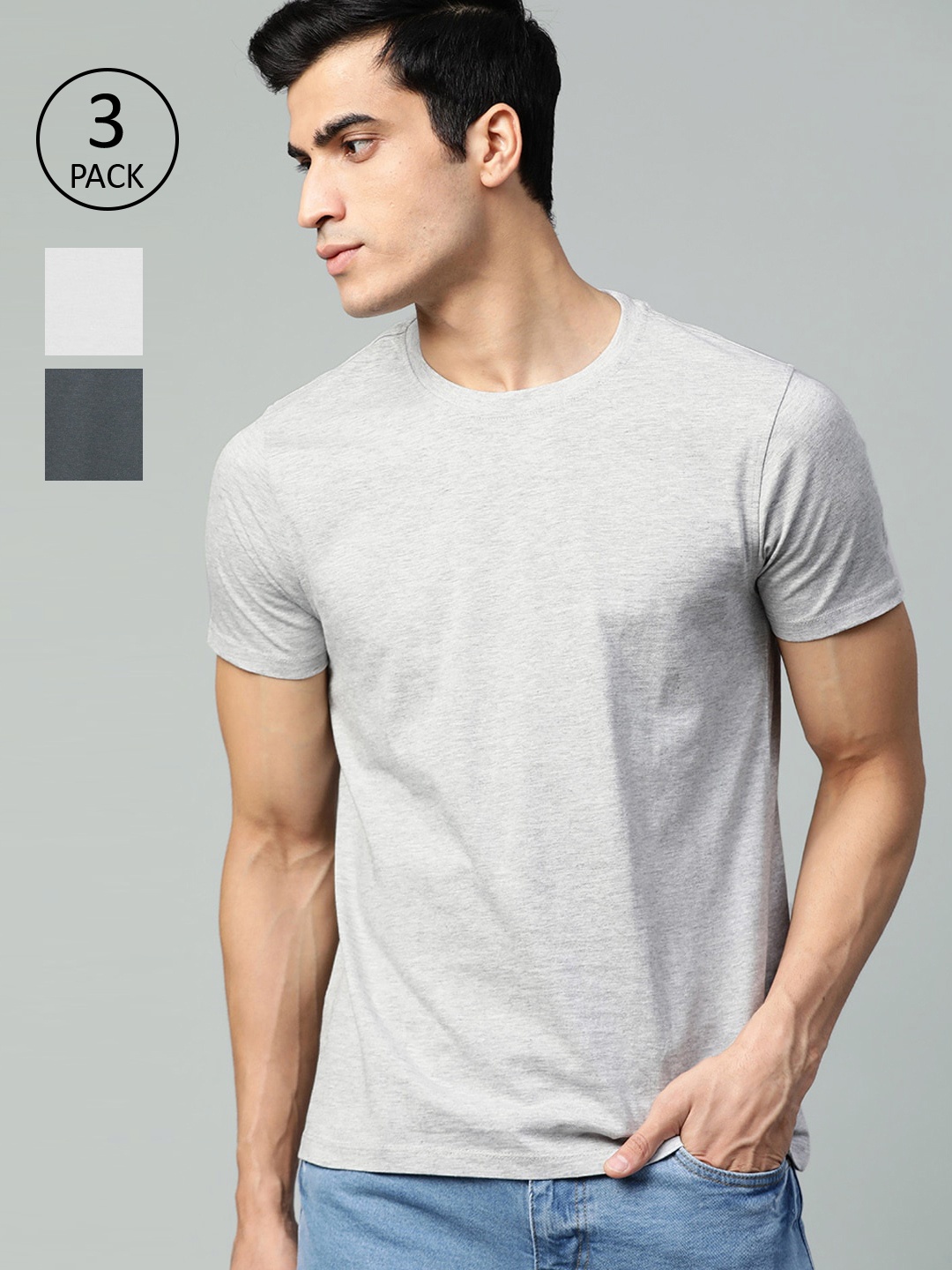 

Roadster Men Pack of 3 Solid Round Neck Pure Cotton T-shirts, Grey melange