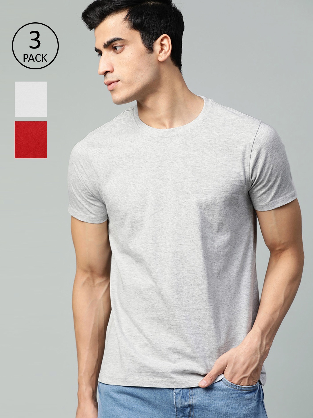 

Roadster Men Pack of 3 Solid Round Neck Pure Cotton T-shirts, Red