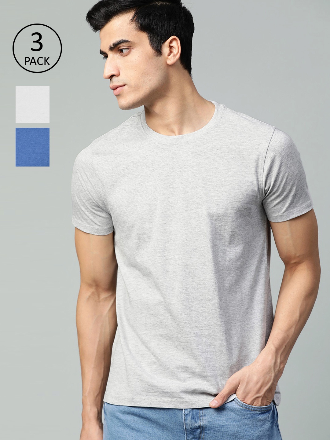 

Roadster Men Pack of 3 Solid Round Neck T-shirts, Grey melange