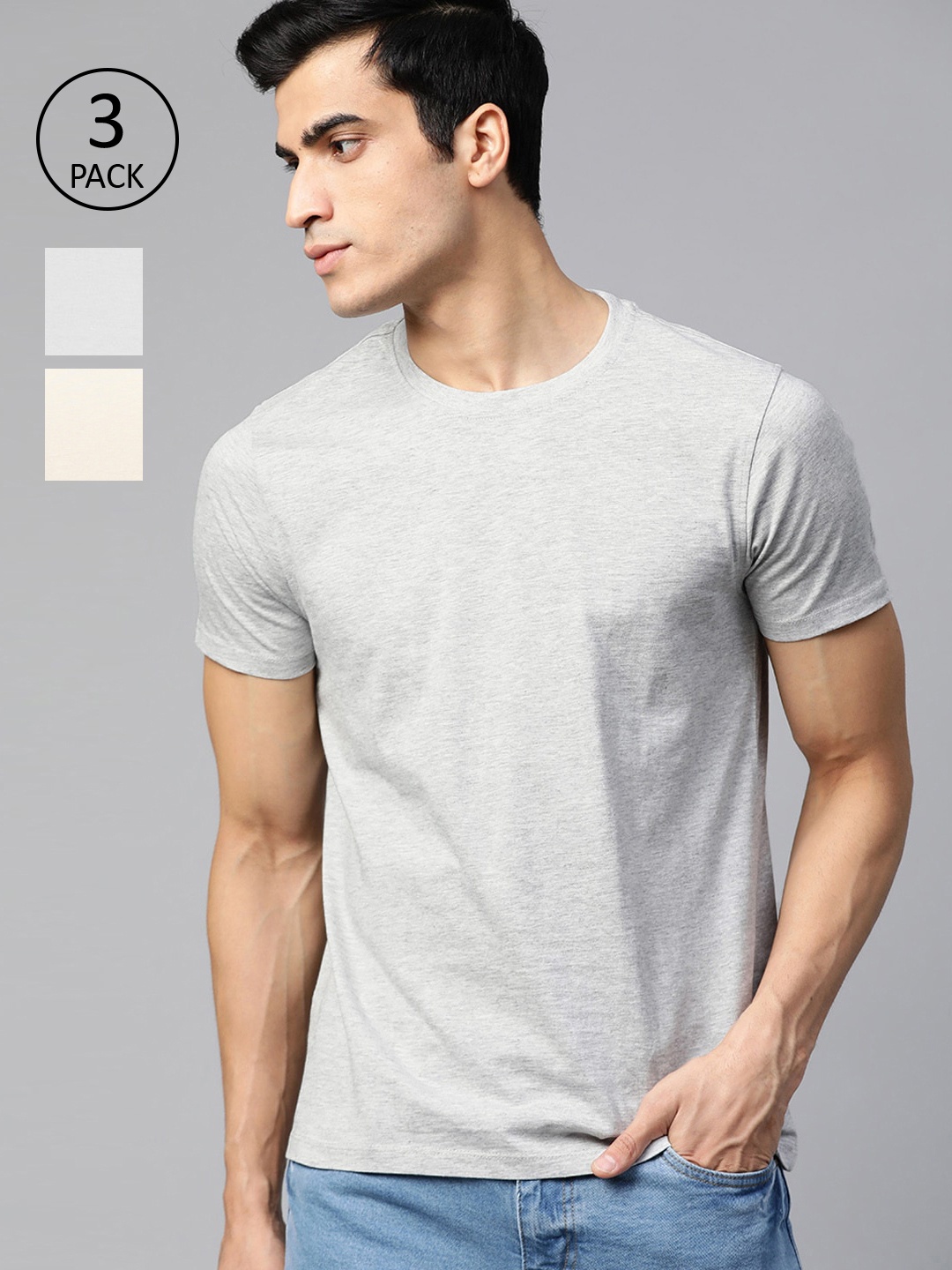 

Roadster Men Pack of 3 Solid Round Neck T-shirts, Beige