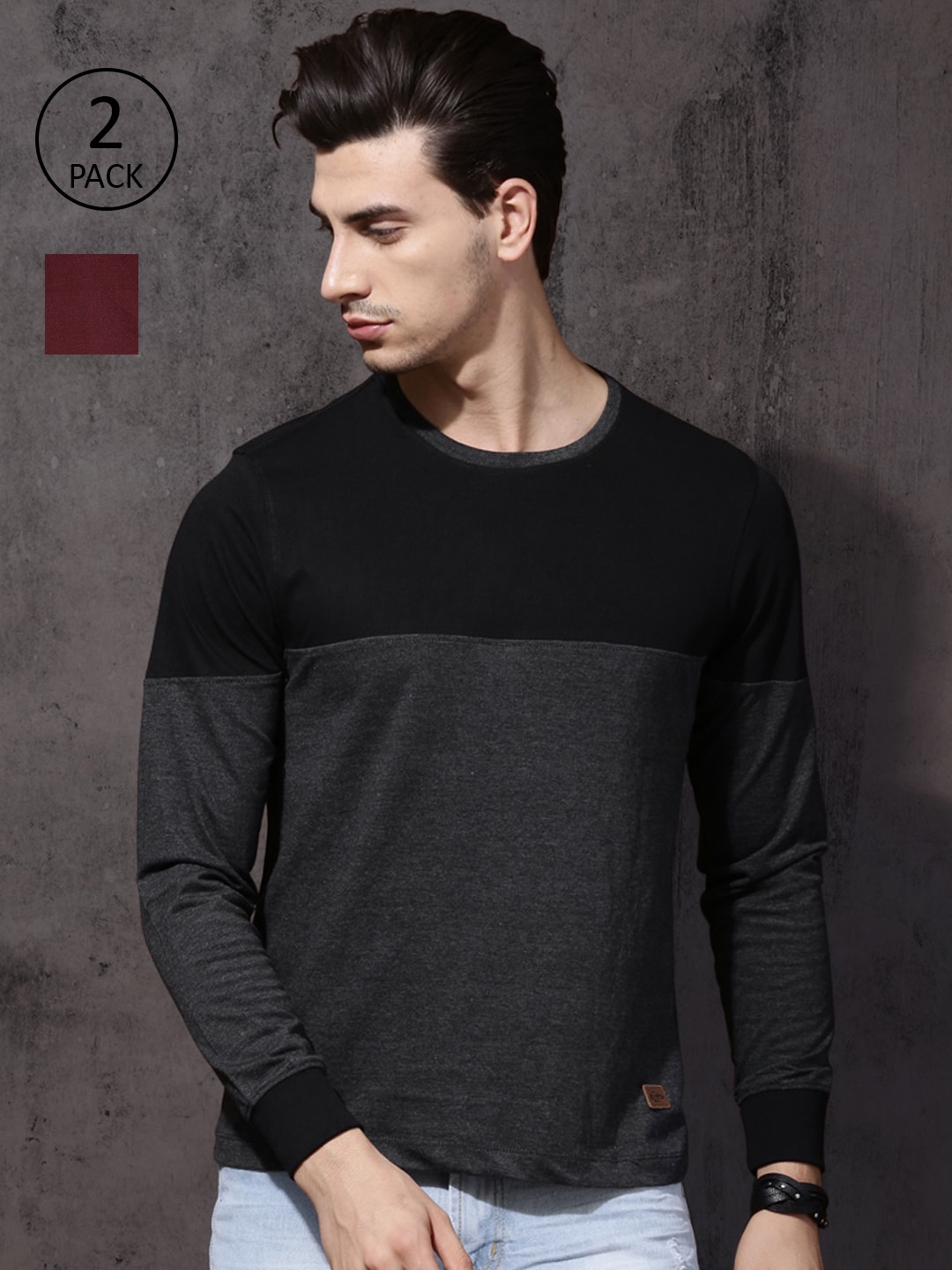 

Roadster Men Navy Blue & Charcoal Grey Pack of 2 T-shirts