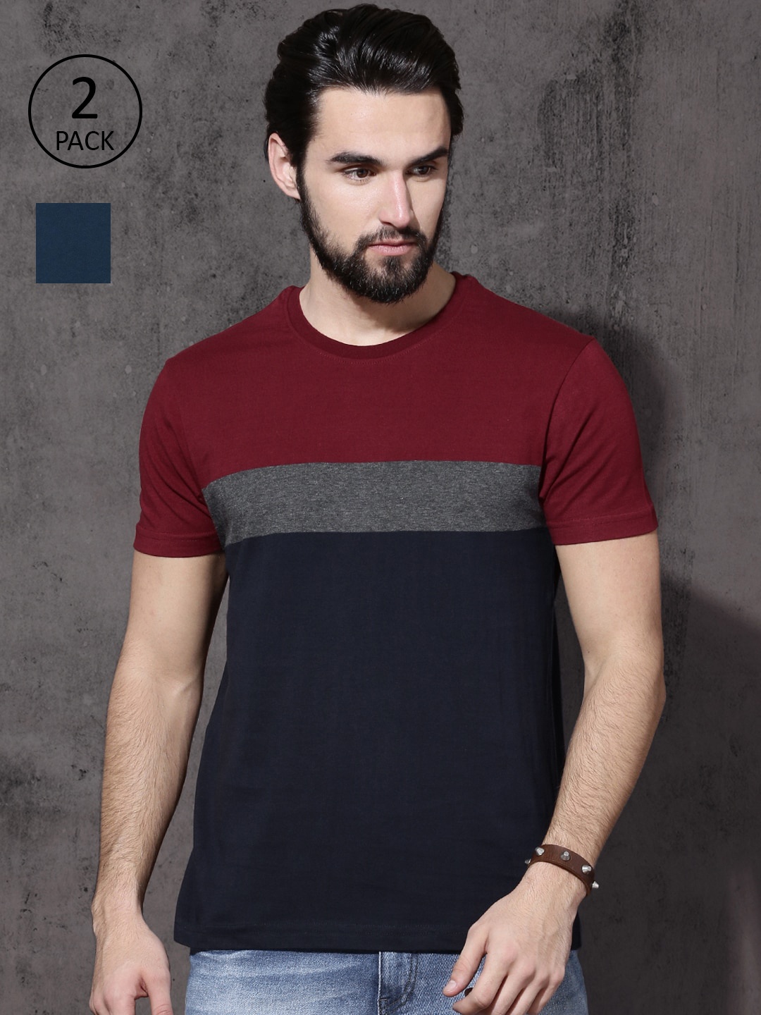 

Roadster Men Maroon Navy Blue Pack of 2 Pure Cotton T-shirts