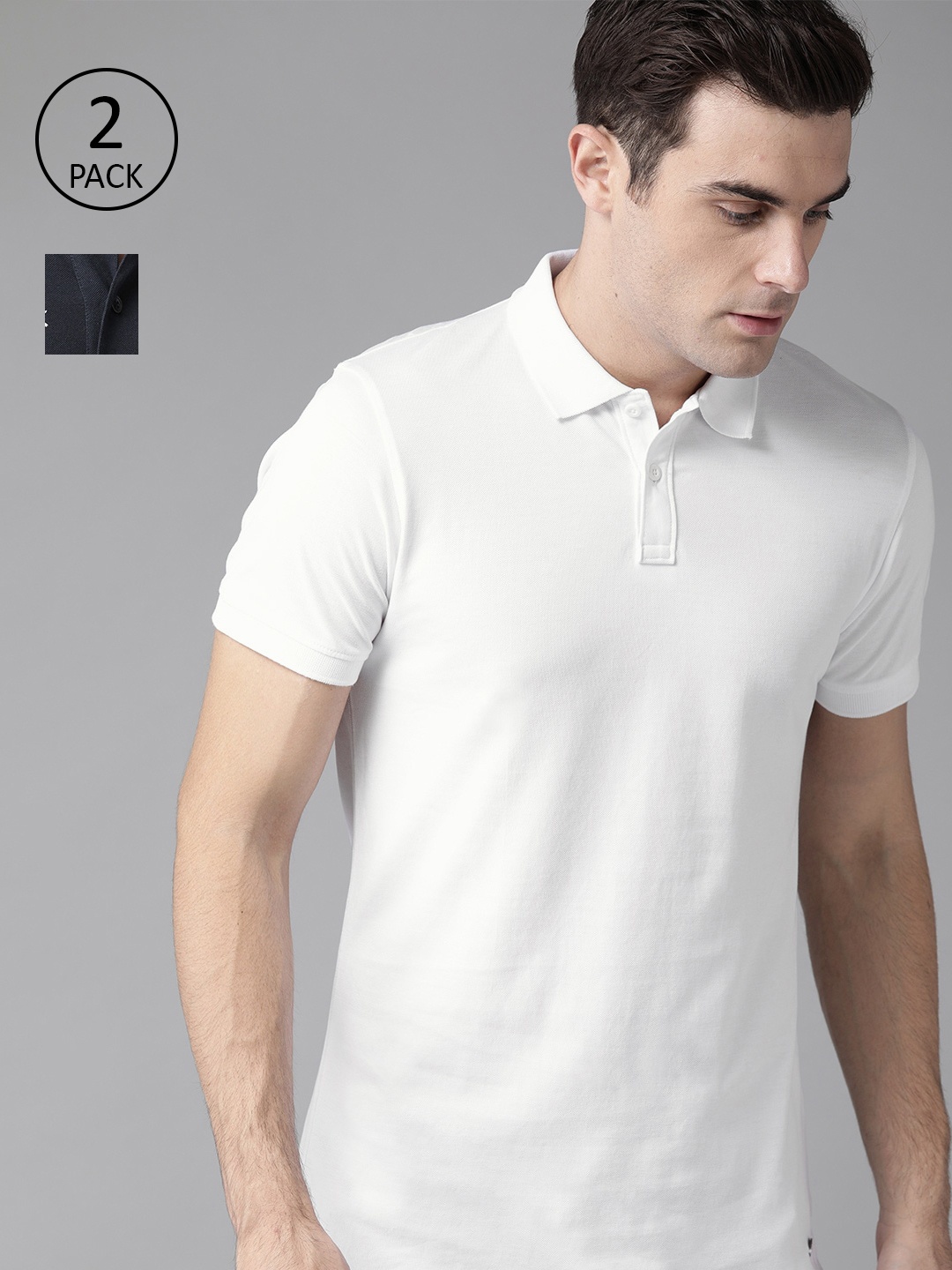 

Roadster Men White Navy Pack of 2 Polo Pure Cotton T-shirts
