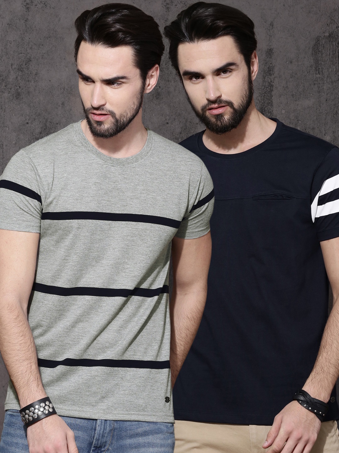 Roadster Men Pack of 2 Round Neck Pure Cotton T-shirts, Grey melange