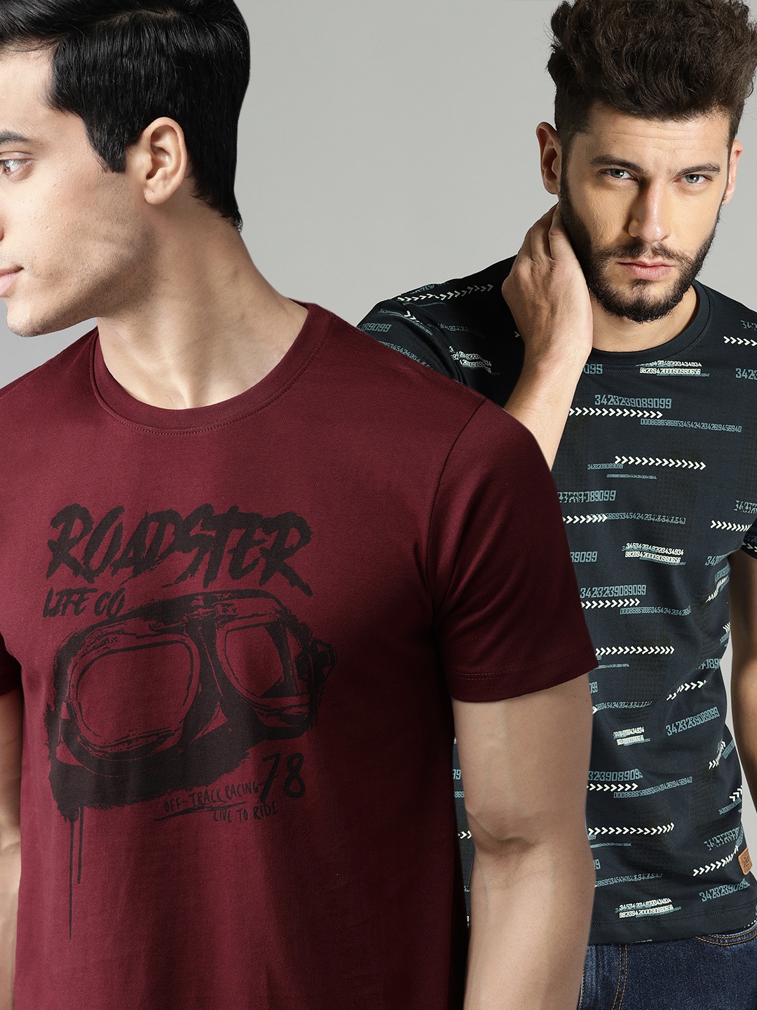 Roadster Men Pack of 2 Printed Round Neck Cotton T-shirts, Navy blue