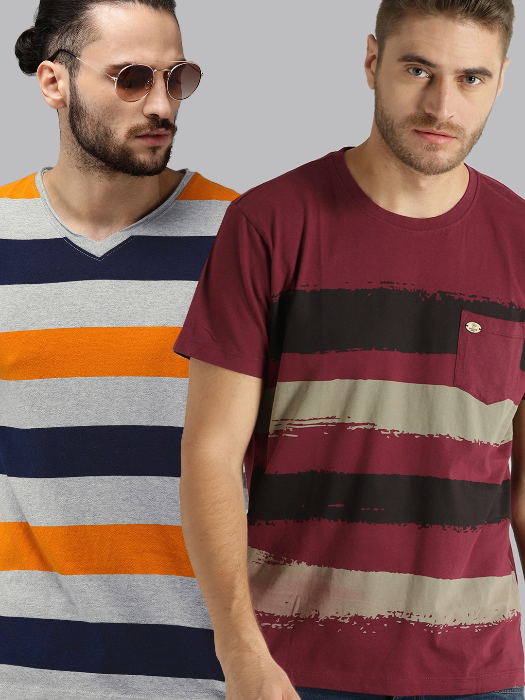 

Roadster Men Pack of 2 Striped Cotton T-shirts, Maroon