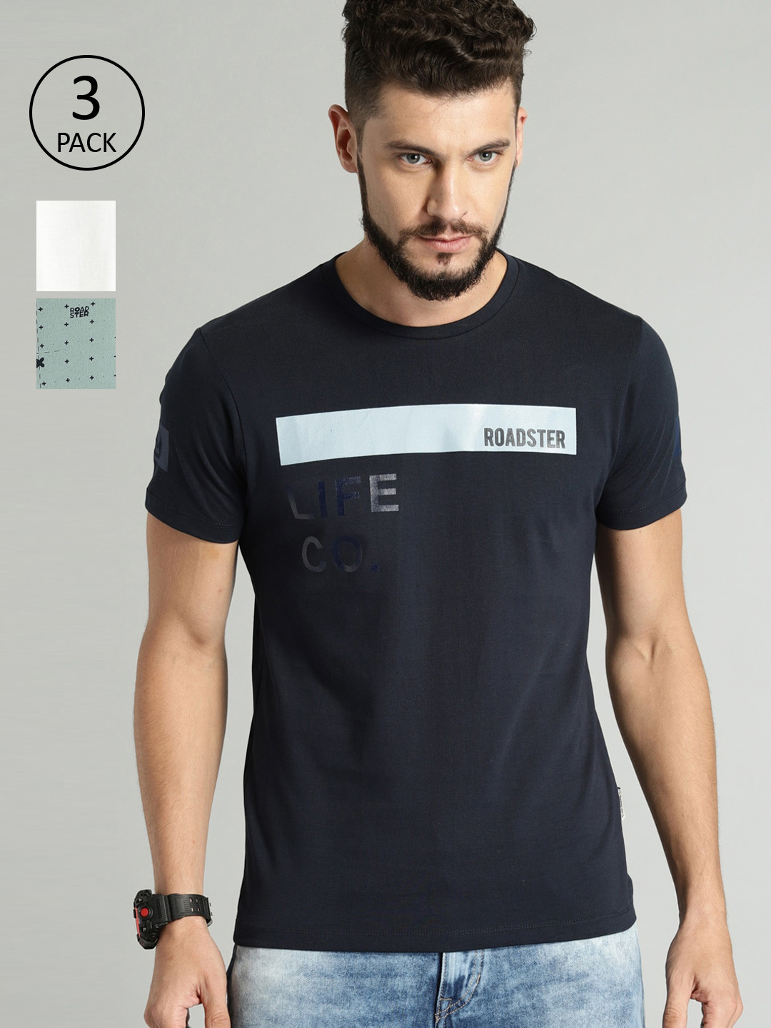 

Roadster Men Pack of 3 Round Neck Pure Cotton T-shirts, Navy blue