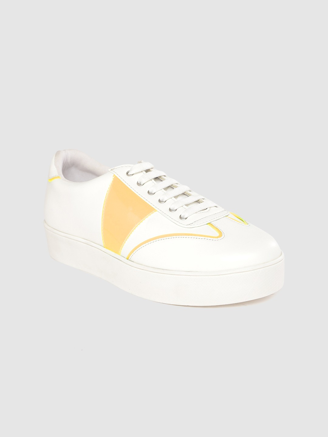 

Mast & Harbour Women White & Yellow Colourblocked Flatform Sneakers