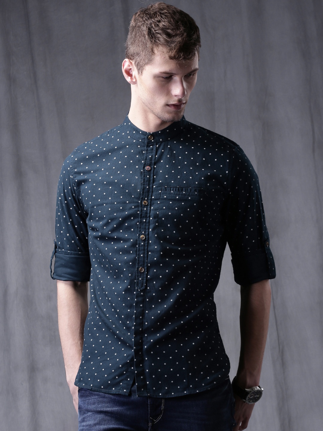 

WROGN Navy Printed Slim Fit Casual Shirt, Navy blue