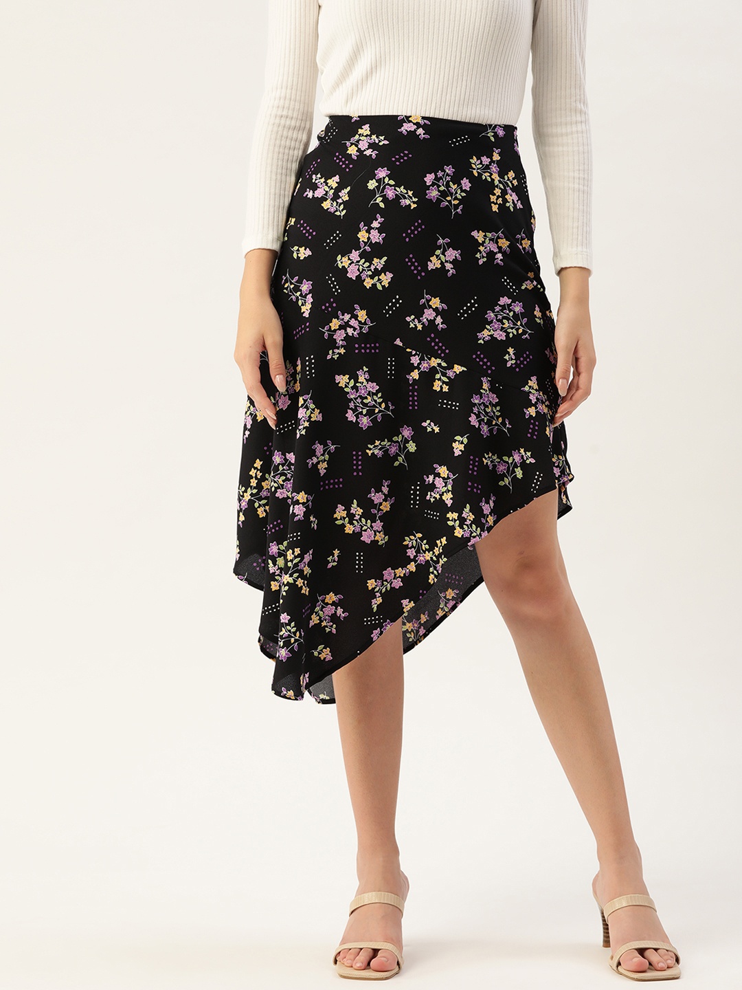 

DressBerry Women Black & Purple Floral Print Flared Asymmetric Skirt