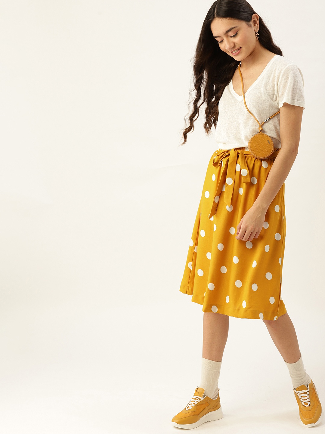 

DressBerry Mustard Yellow & White Polka Dot Print A-Line Skirt with Belt
