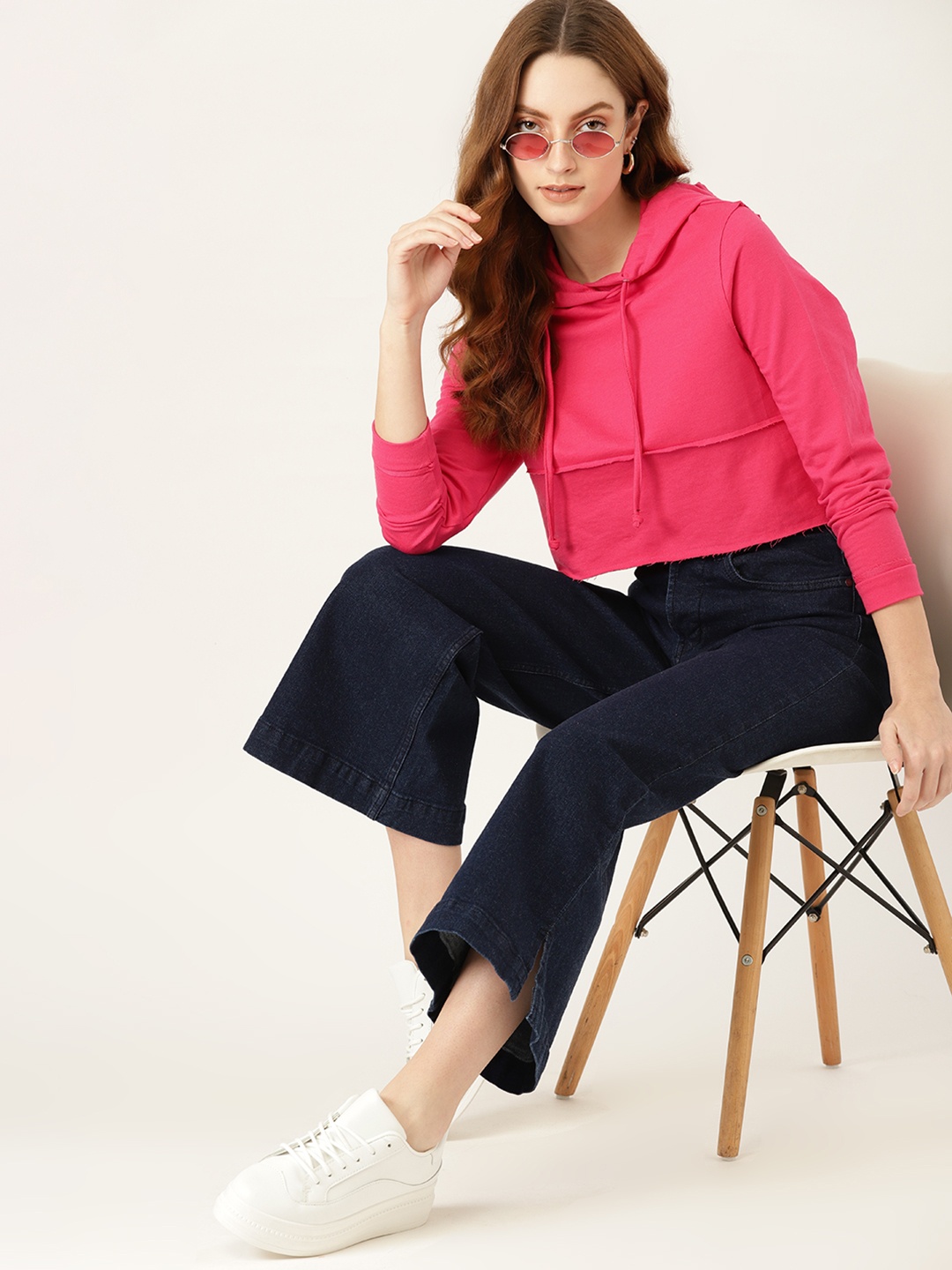 

DressBerry Women Pink Solid Hooded Crop Sweatshirt