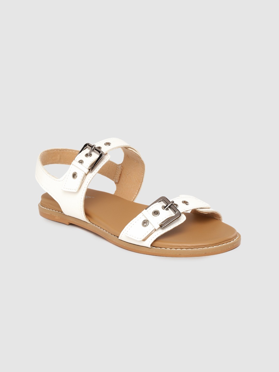 

Roadster Women White Solid Open Toe Flats with Buckles & Eyelet Detail