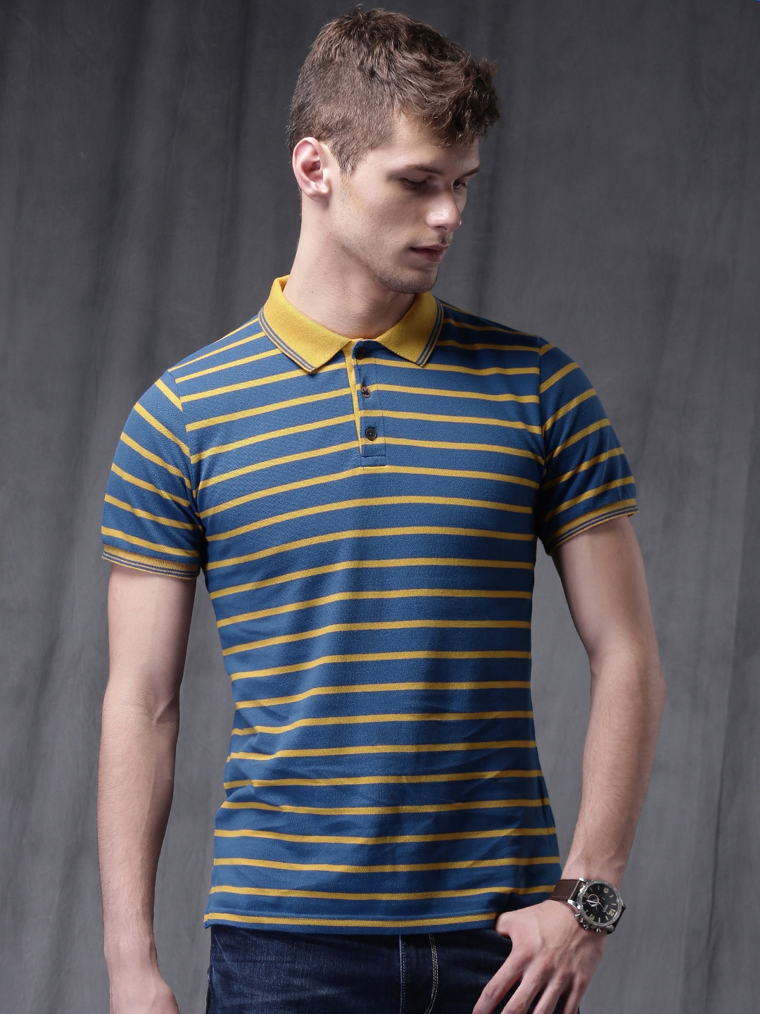 

WROGN Blue Mustard Yellow Striped Polo Slim Pure Cotton T-shirt