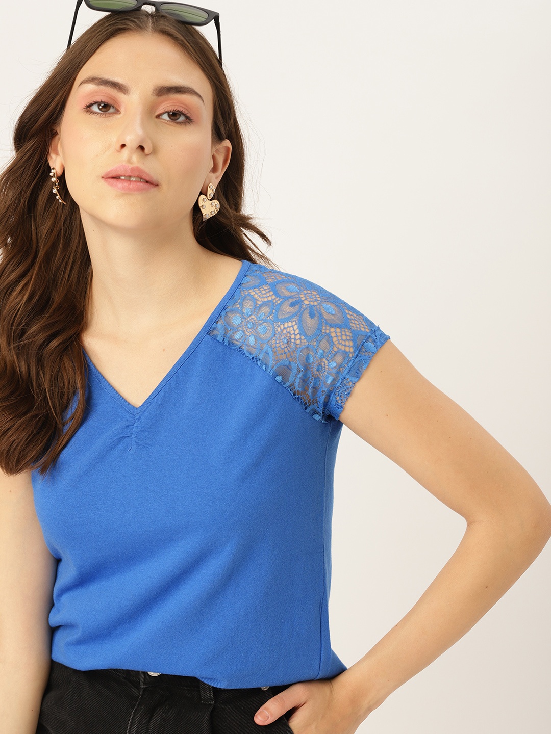 

DressBerry Women Blue Solid Top with Lace Detail