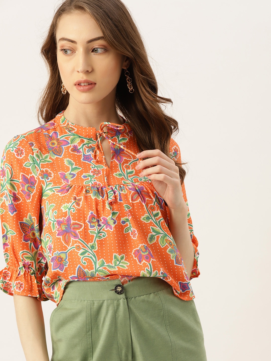 

DressBerry Orange & Green Floral Tie-Up Neck Gathered Regular Top