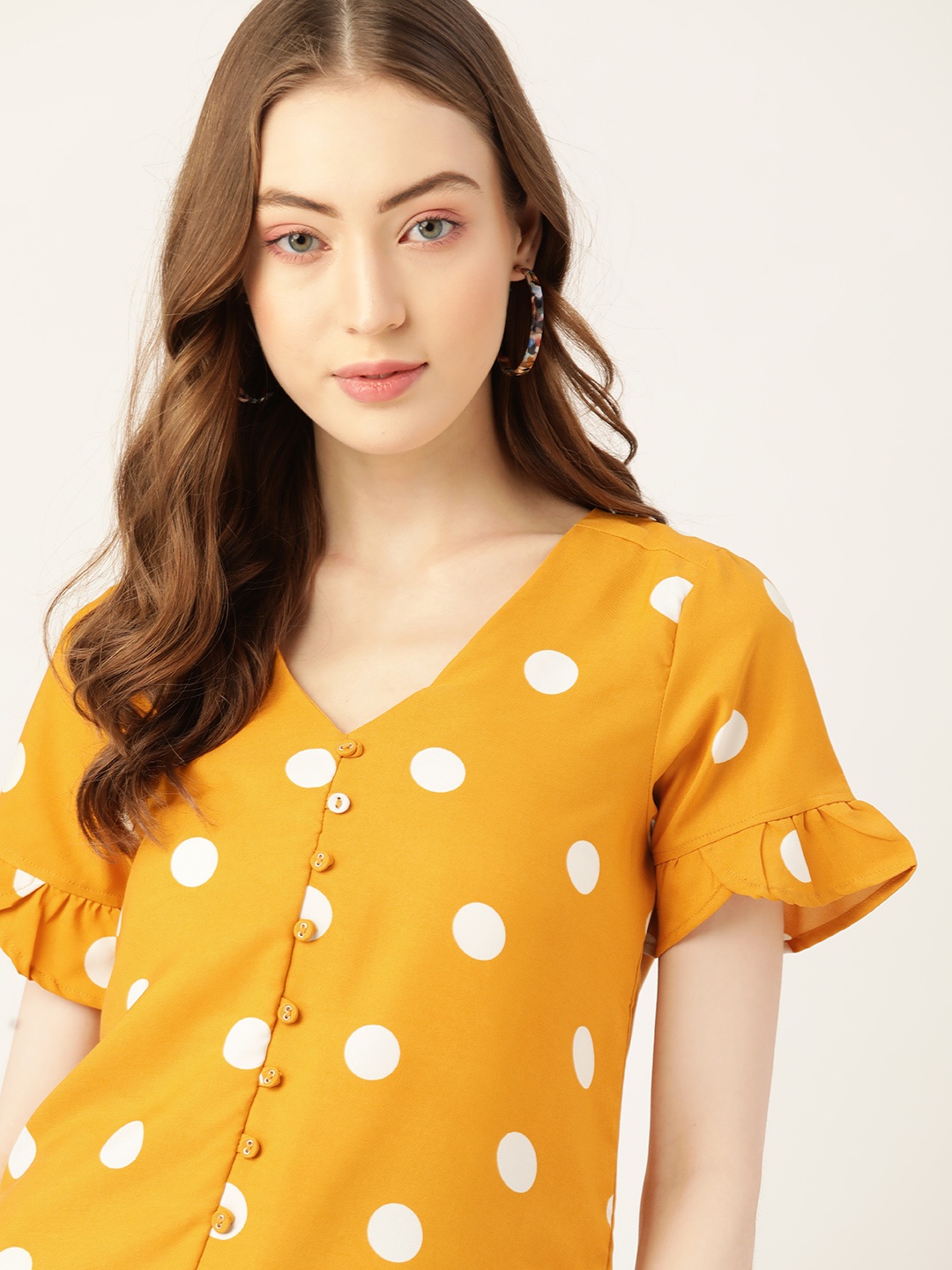 

DressBerry Mustard Yellow & White Polka Dot Print Regular Top