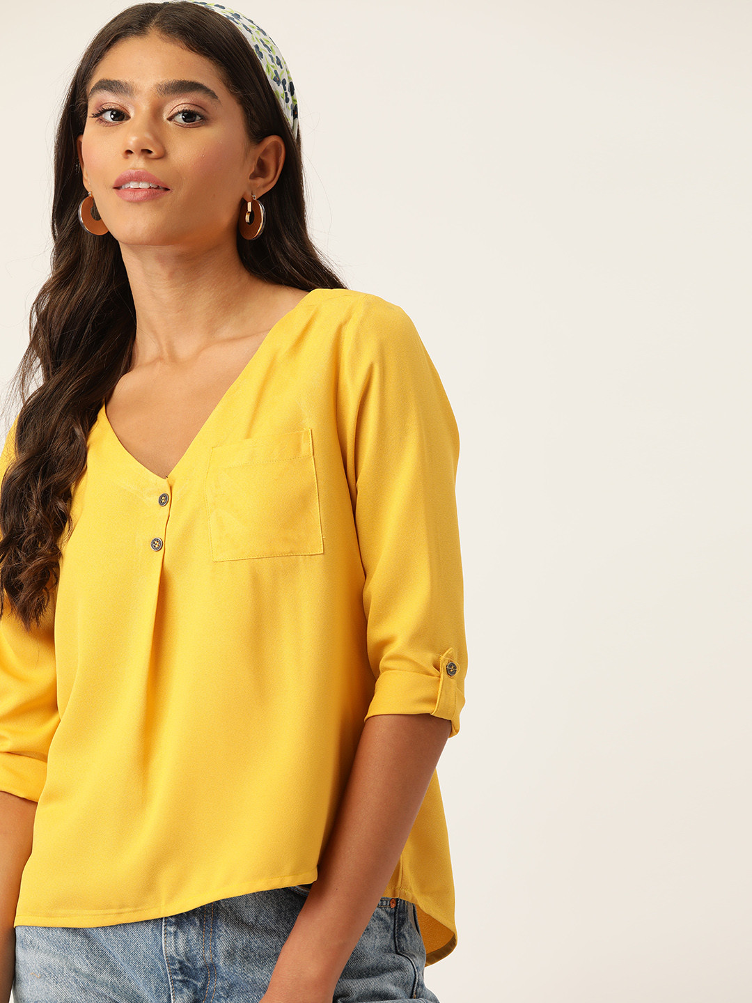 

DressBerry Mustard Yellow Solid Roll-Up Sleeves High Low Regular Top