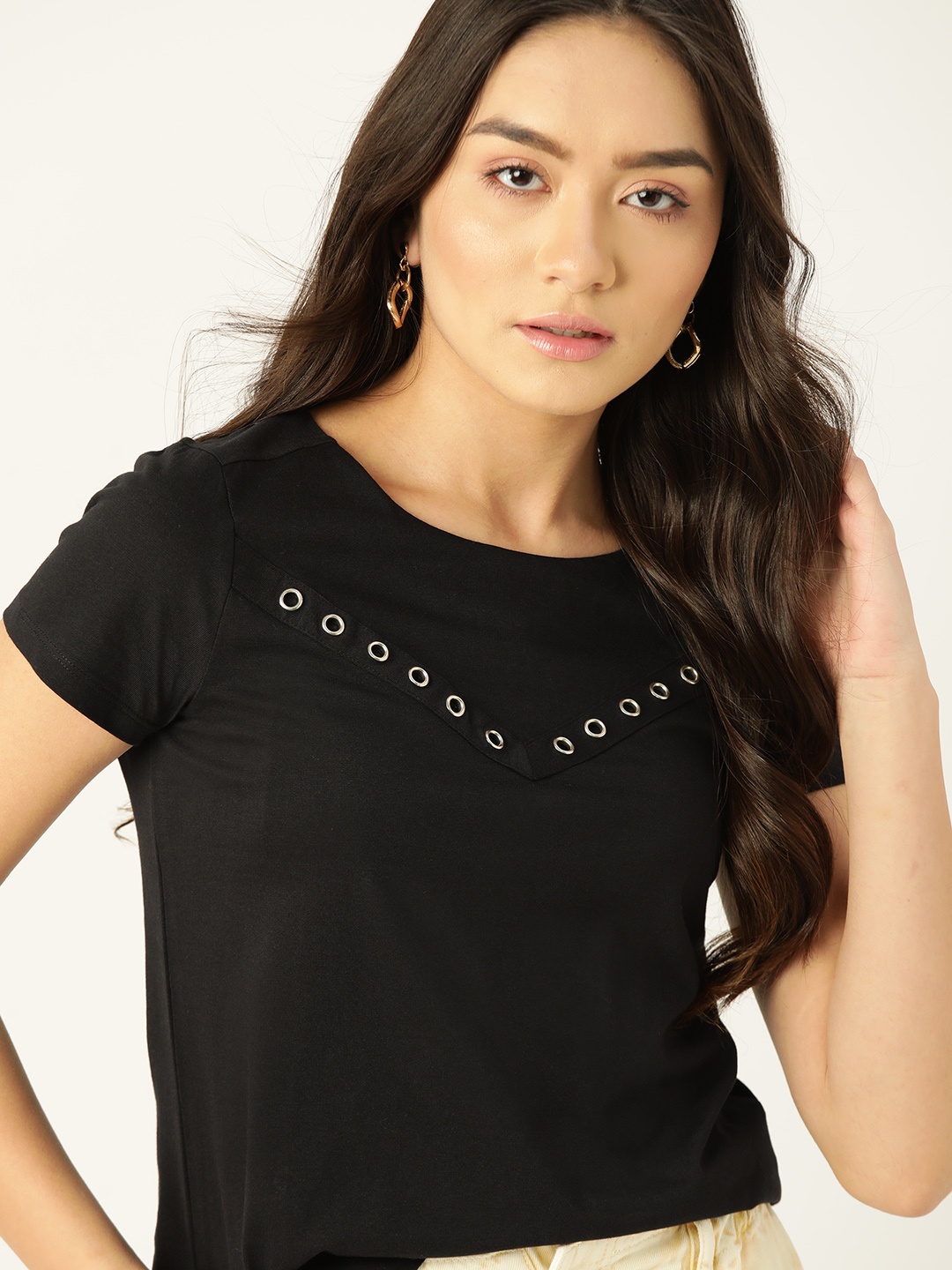 

DressBerry Women Black Pure Cotton Metallic Studs T-shirt