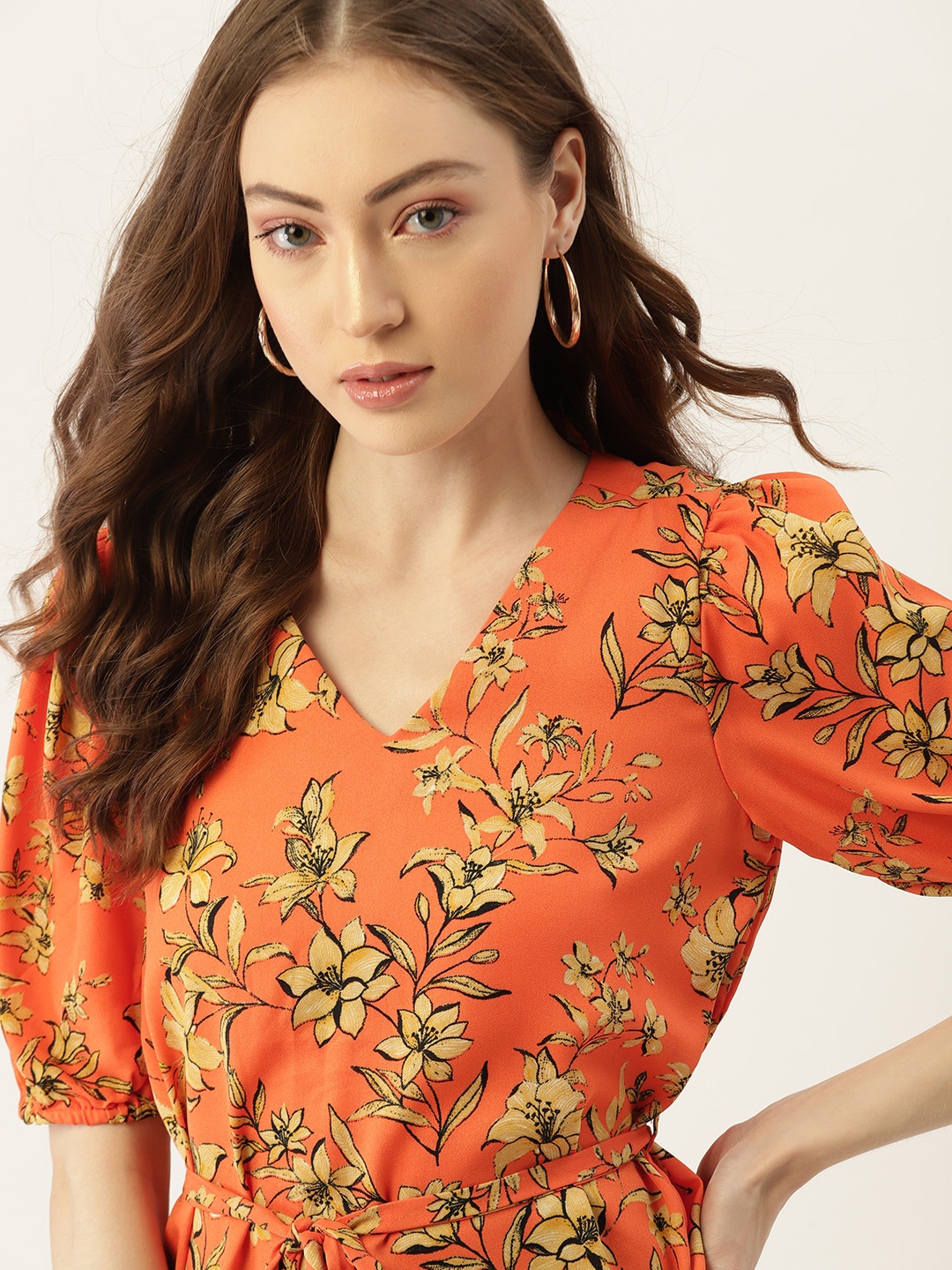 

DressBerry Women Orange & Yellow Floral Print Cinched Waist Top with Belt