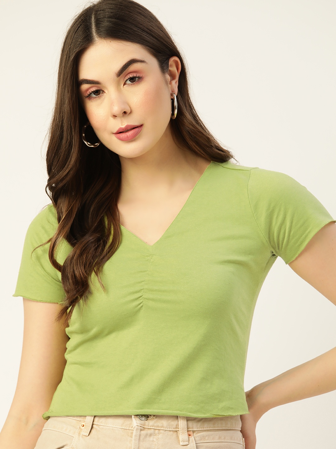 

DressBerry Green Solid Front Ruched Crop Top