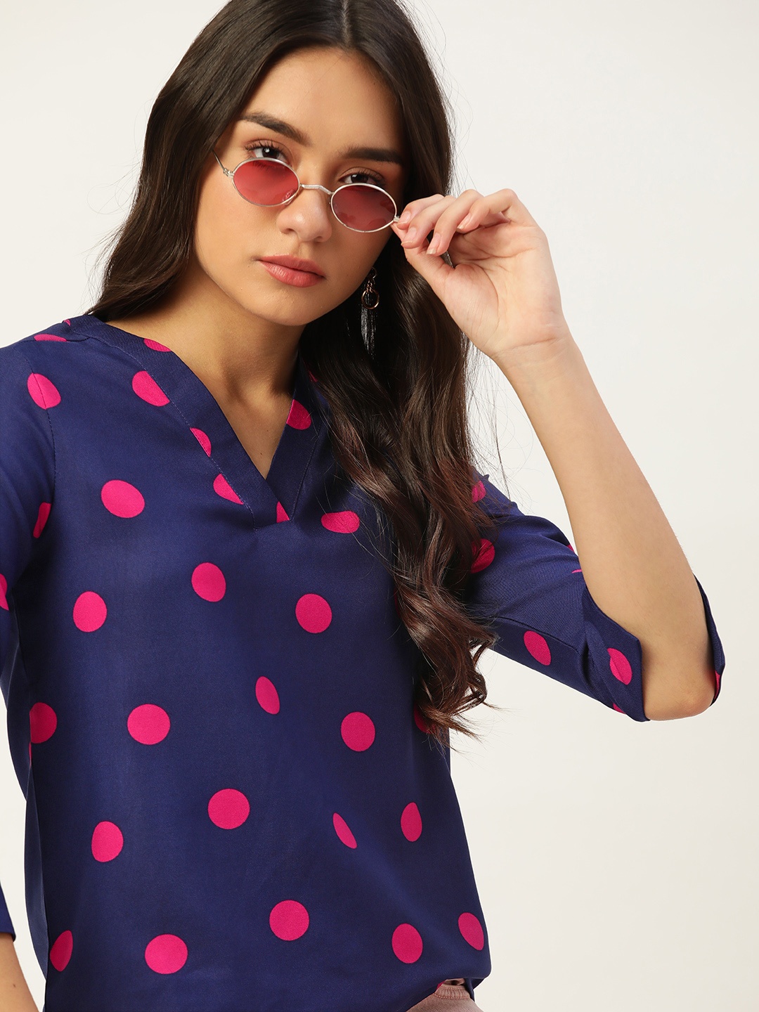 

DressBerry Blue & Pink Regular Polka Dots Printed Top