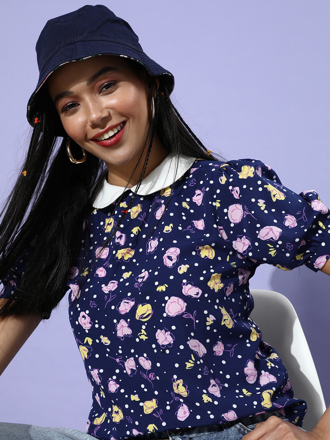 

DressBerry Women Deep Navy Blue Floral Peter Pan Collared Top