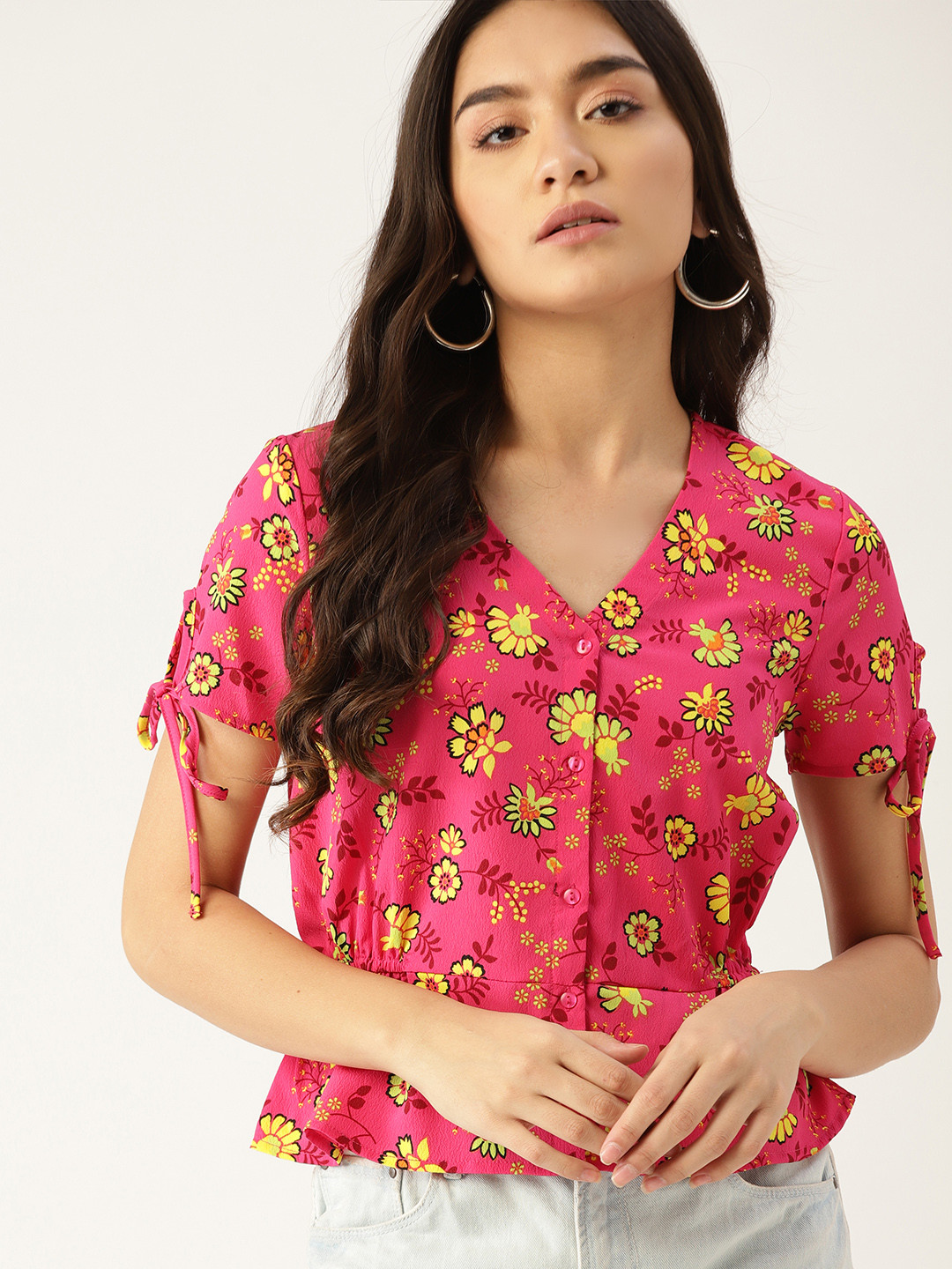 

DressBerry Pink & Yellow Floral Print A-Line Top