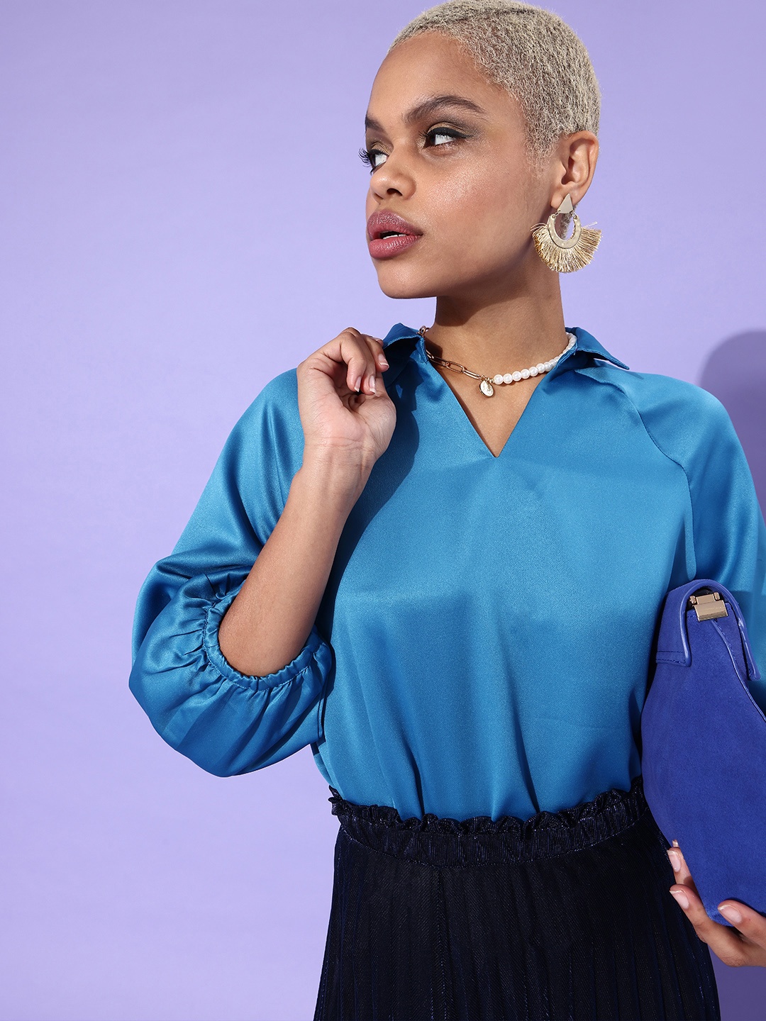 

DressBerry Women Teal Solid Puff Sleeves Top