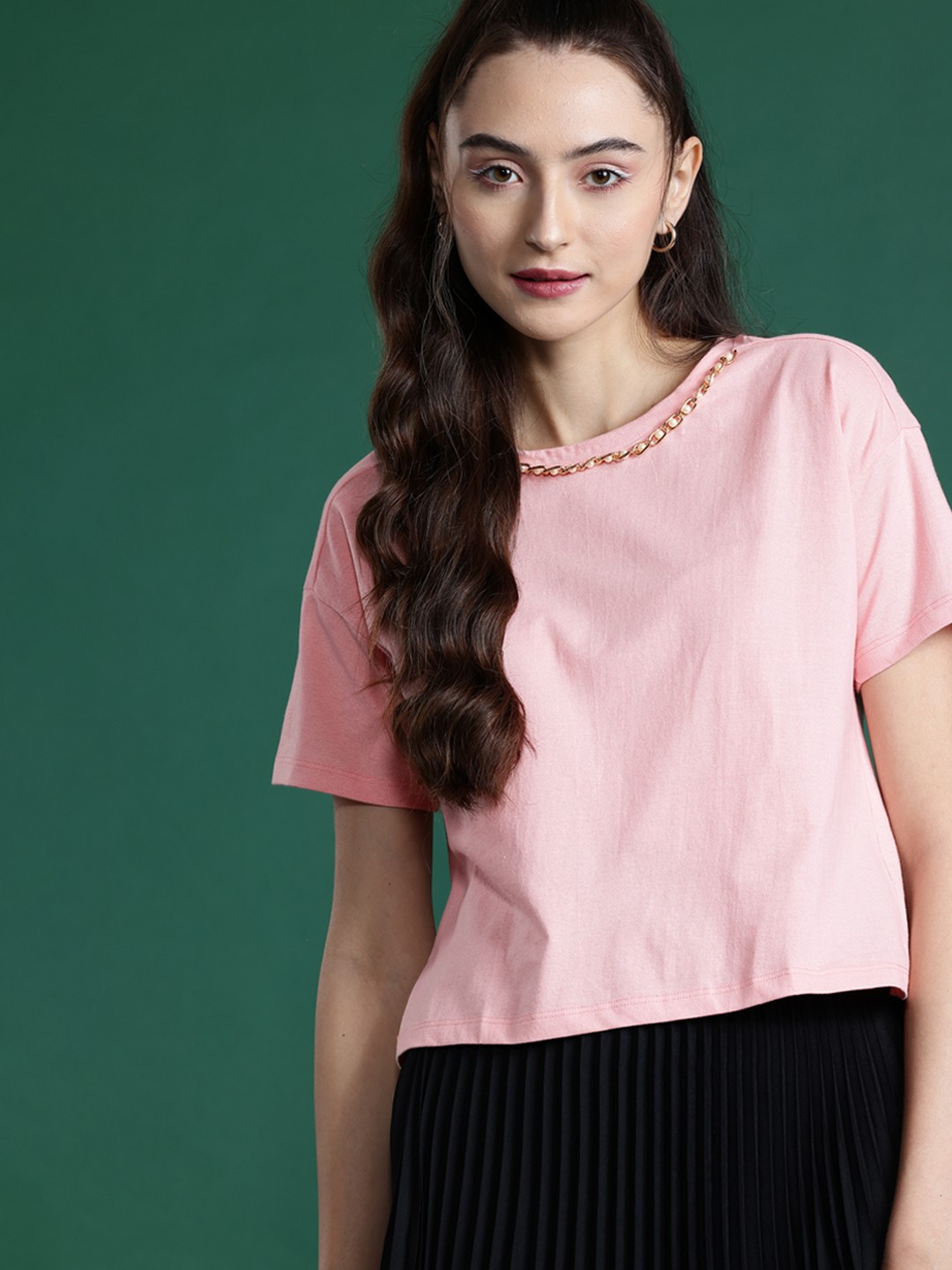 

DressBerry Chain Detail Drop Shoulder Sleeves Top, Pink
