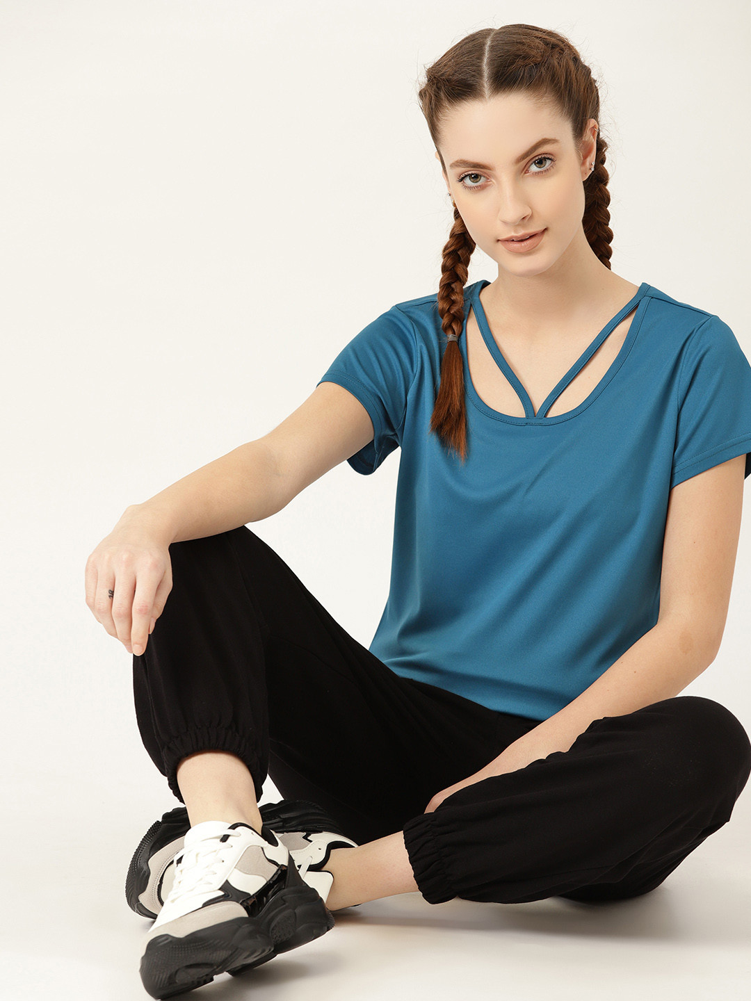

DressBerry Teal Blue Solid Stylised Neck Top