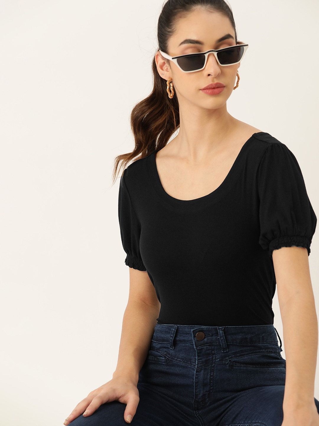 

DressBerry Black Solid Puff Sleeves Knit Top