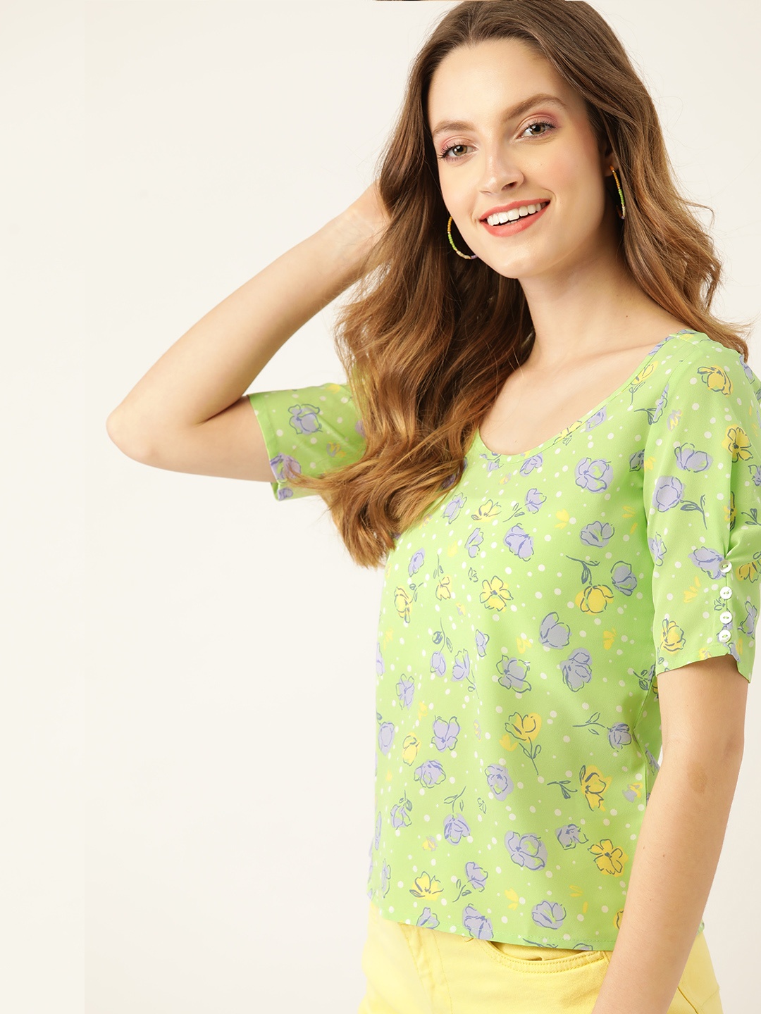 

DressBerry Green & Blue Floral Print Regular Top