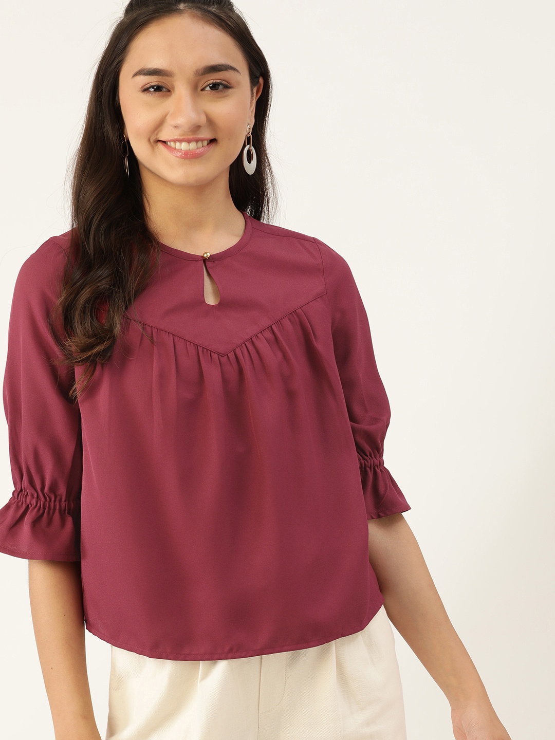 

DressBerry Maroon Keyhole Neck Regular Top