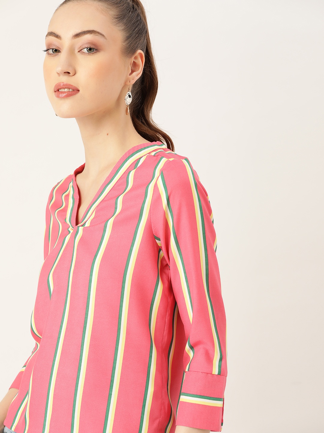 

DressBerry Pink & Yellow Striped V-Neck Regular Top