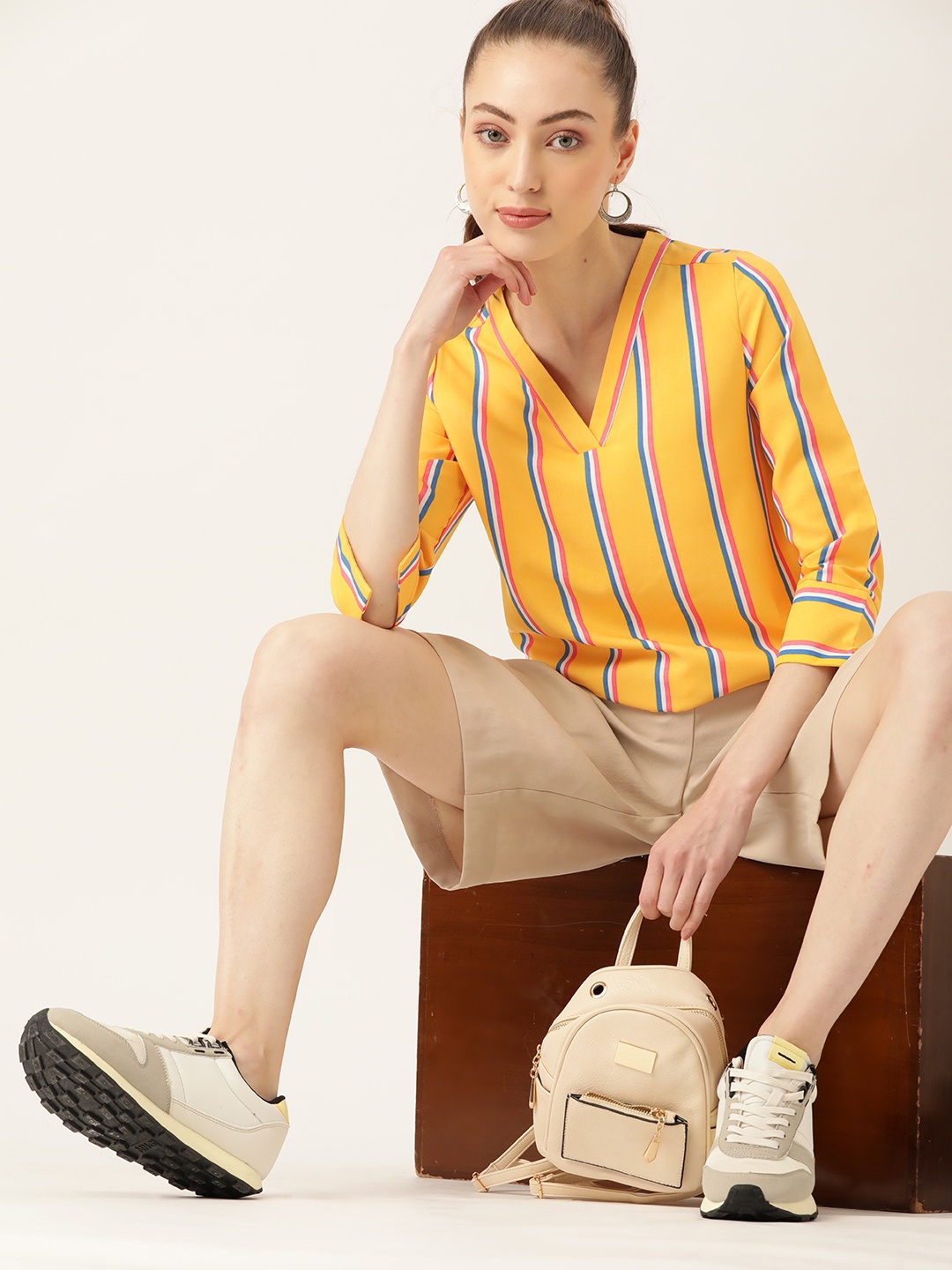 

DressBerry Yellow & Blue Striped V-Neck Regular Top