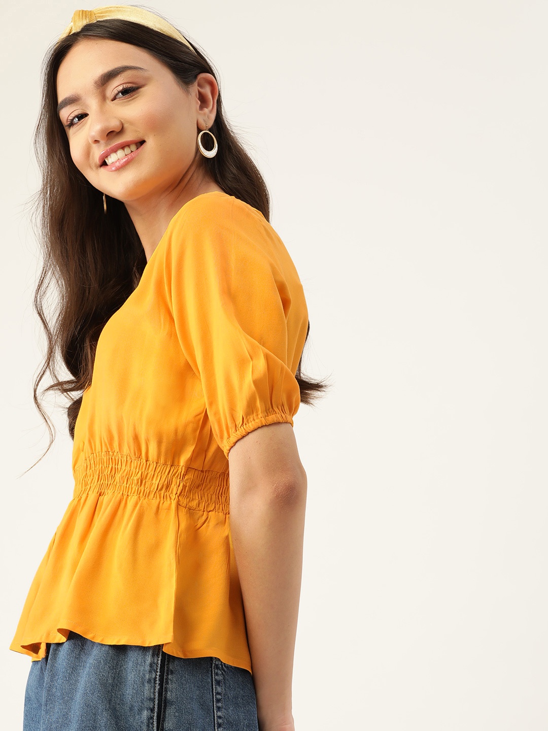 

DressBerry Mustard Yellow Solid Ecovero Smocked Cinched Waist Top