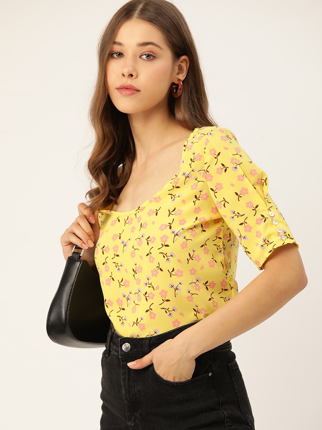 

DressBerry Yellow & Peach-Coloured Floral Print Regular Top