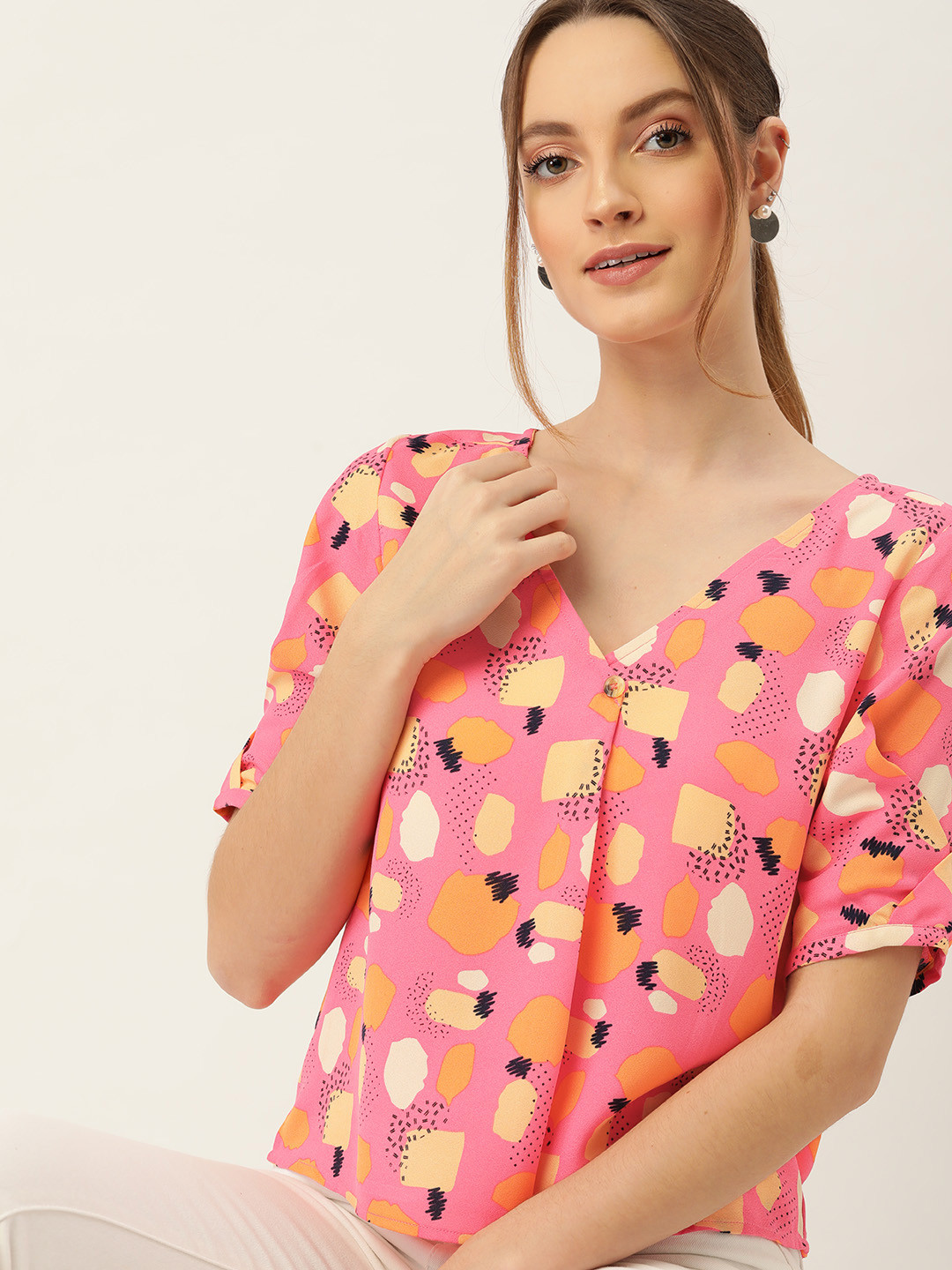 

DressBerry Pink & Navy Blue Printed Top