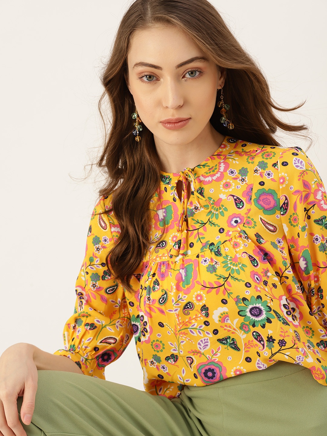 

DressBerry Yellow & Pink Floral Print Tie-Up Neck Gathered Regular Top