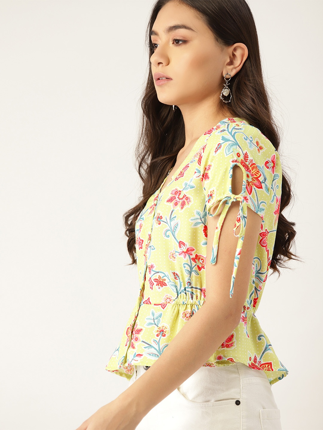

DressBerry Lime Green & Pink Floral Print A-Line Top