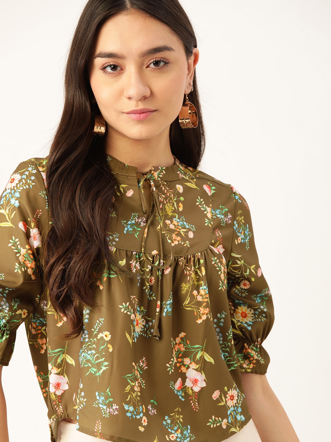 

DressBerry Olive Green & Peach-Coloured Floral Tie-Up Neck A-Line Top