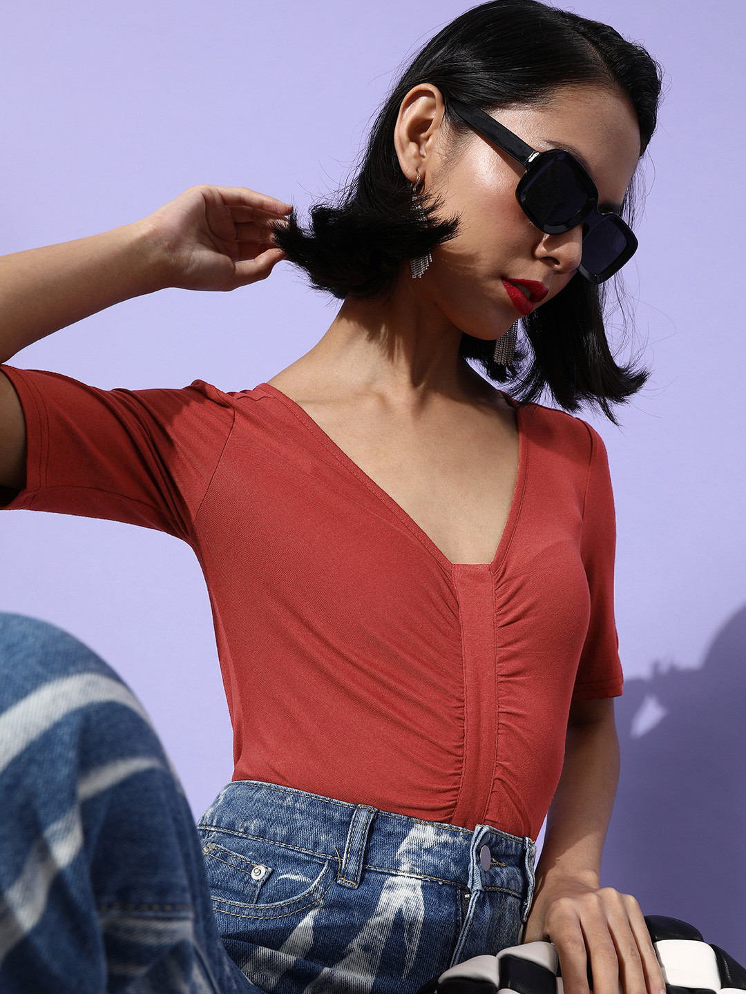 

DressBerry Women Chic Rust Solid Volume Play Top