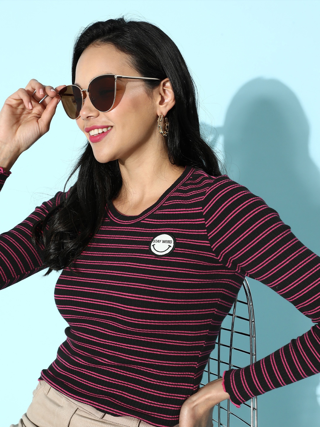 

DressBerry Women Stylish Black Horizontal Striped Knitted Top